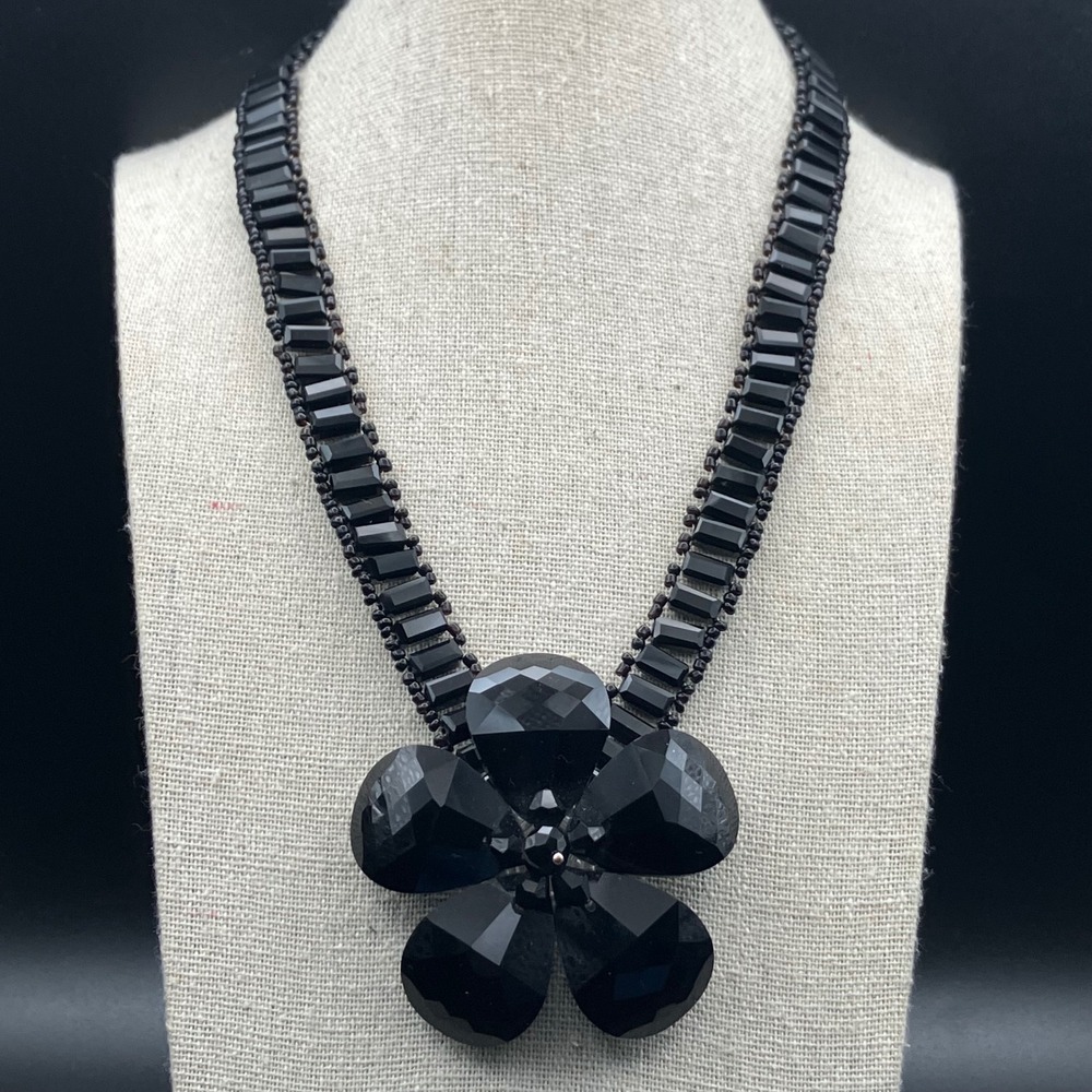 Butler & Wilson Necklace Black Glass Flower Beaded Statement Choker 16-18in